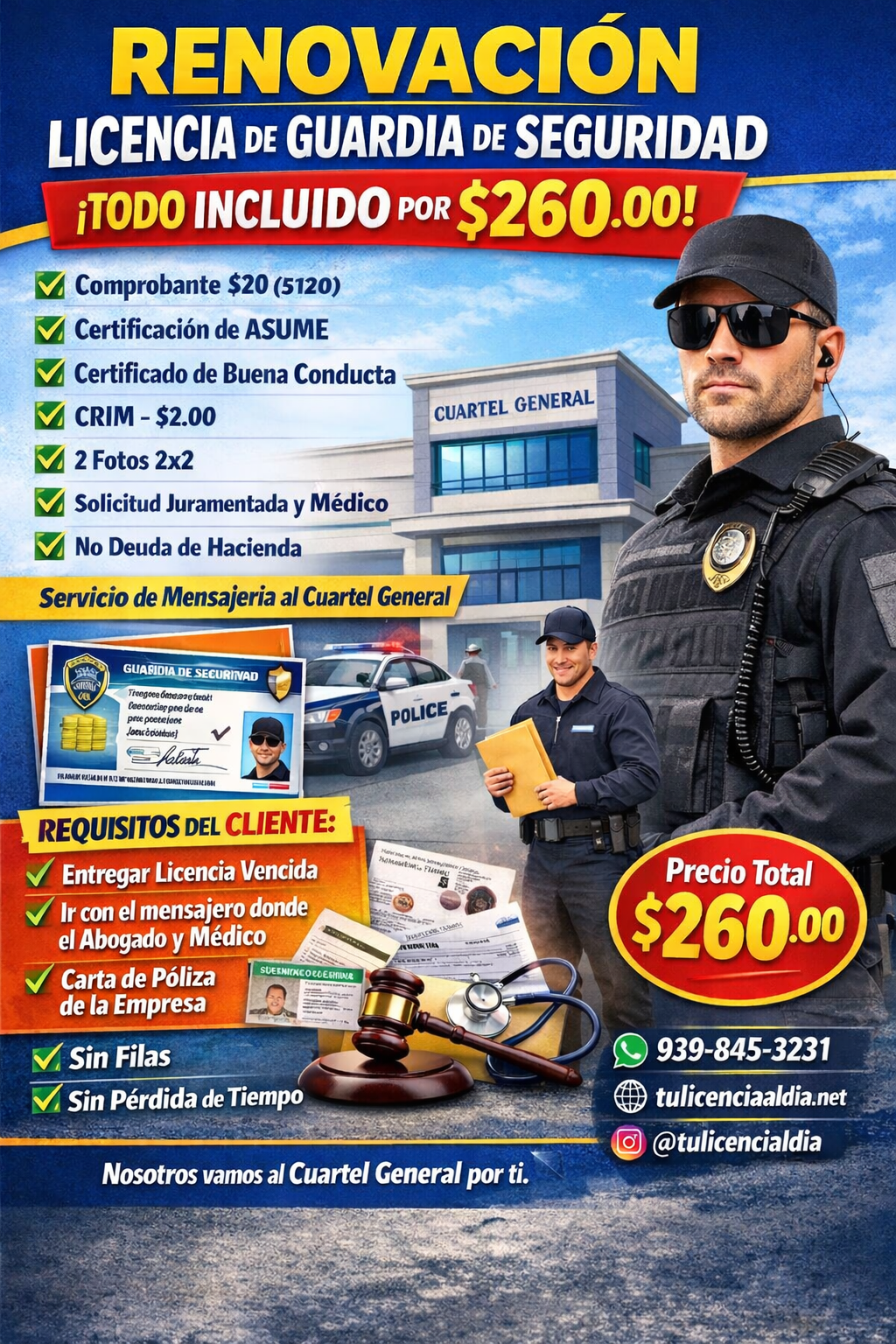 Mensajería renovación licencia de guardia de seguridad, ley 108-1965